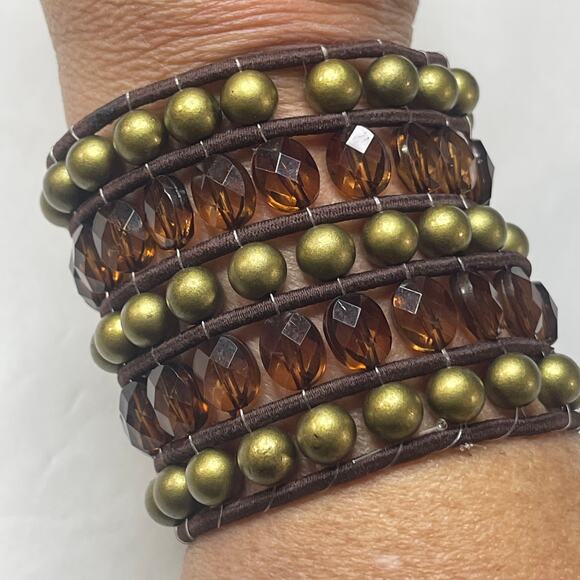 cuff bracelet Boho tribal trendy stretch amber-colored faux jewels beads trendy - Picture 7 of 9